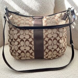 Y2K Coach Signature Stripe Shoulder Bag Brown Monogram Patent Trim F21905